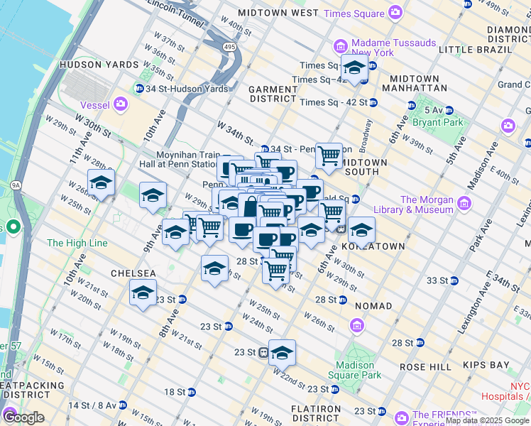 map of restaurants, bars, coffee shops, grocery stores, and more near 225 West 30th Street in New York