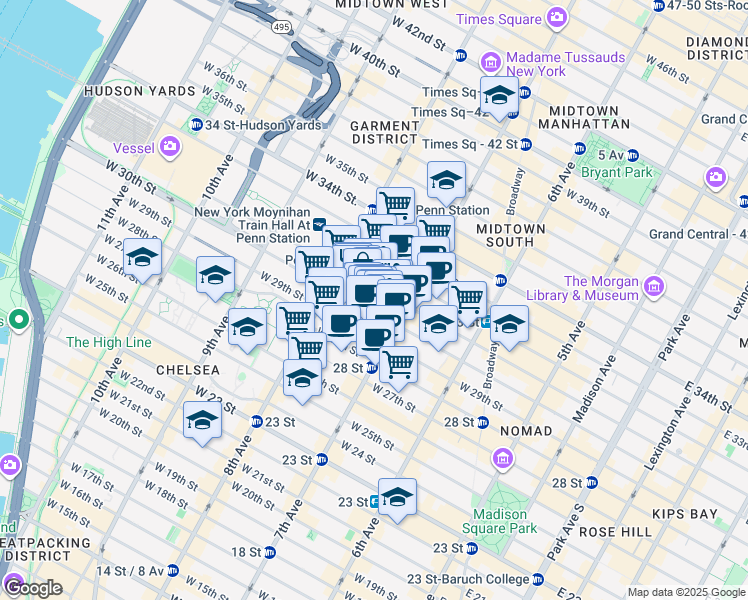 map of restaurants, bars, coffee shops, grocery stores, and more near 225 West 30th Street in New York