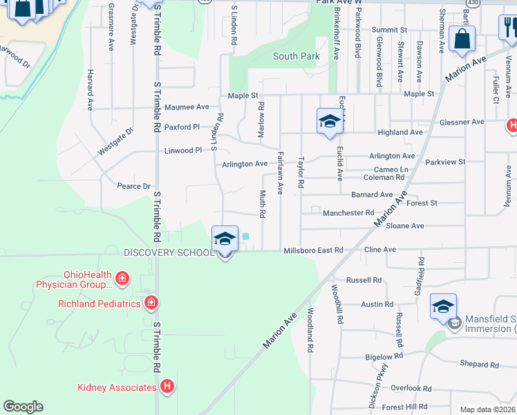 map of restaurants, bars, coffee shops, grocery stores, and more near 365 Muth Road in Mansfield