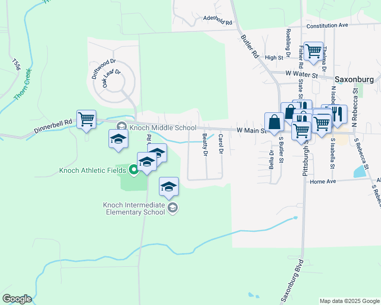 map of restaurants, bars, coffee shops, grocery stores, and more near 227 Carol Drive in Saxonburg
