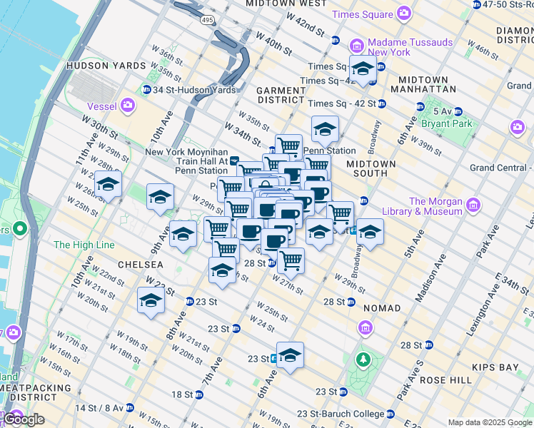 map of restaurants, bars, coffee shops, grocery stores, and more near 239 West 30th Street in New York