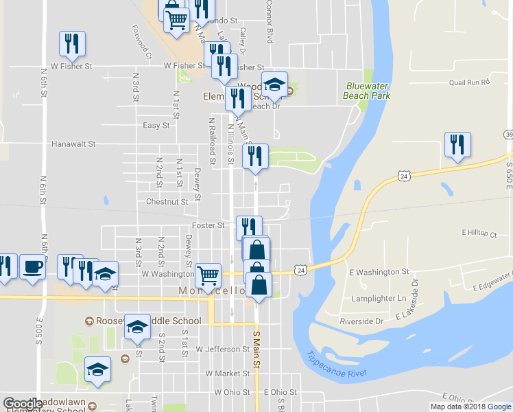 map of restaurants, bars, coffee shops, grocery stores, and more near 101 East Spencer Street in Monticello