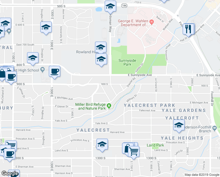 map of restaurants, bars, coffee shops, grocery stores, and more near 935 South 1580 East in Salt Lake City