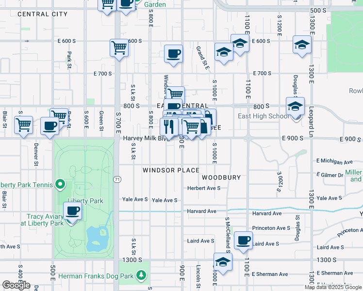 map of restaurants, bars, coffee shops, grocery stores, and more near 926 900 East in Salt Lake City