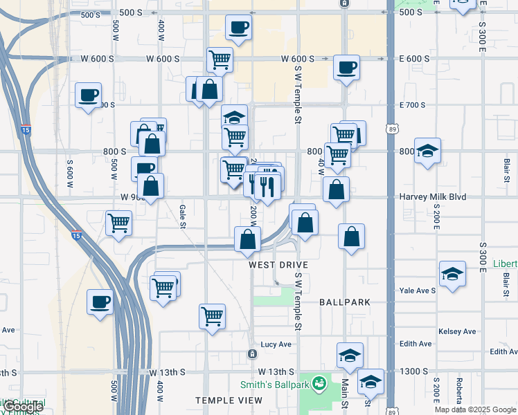 map of restaurants, bars, coffee shops, grocery stores, and more near 932 200 West in Salt Lake City