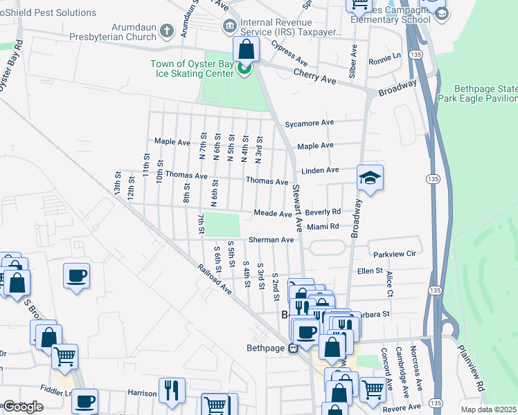 map of restaurants, bars, coffee shops, grocery stores, and more near 31 Meade Avenue in Bethpage