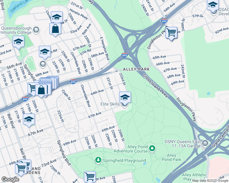 map of restaurants, bars, coffee shops, grocery stores, and more near 64-33 231st Street in Queens