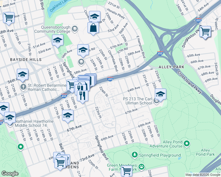 map of restaurants, bars, coffee shops, grocery stores, and more near 224-33 64th Avenue in Queens