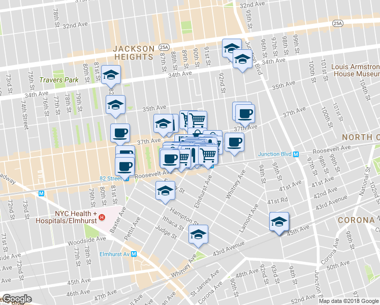 map of restaurants, bars, coffee shops, grocery stores, and more near 37-43 88th Street in Queens