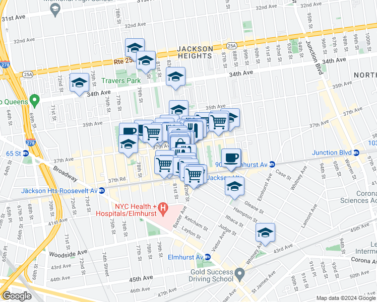 map of restaurants, bars, coffee shops, grocery stores, and more near 3703 82nd Street in Queens