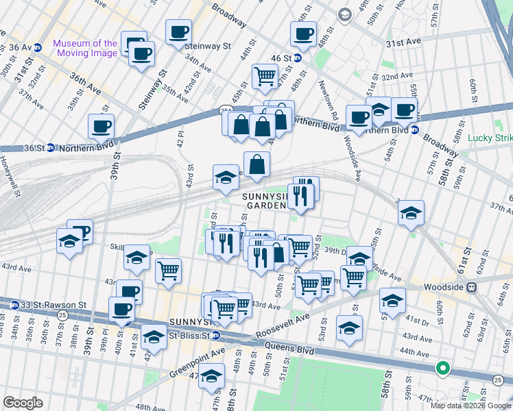 map of restaurants, bars, coffee shops, grocery stores, and more near 48-02 39th Avenue in Queens