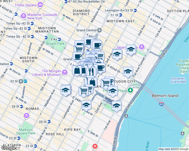 map of restaurants, bars, coffee shops, grocery stores, and more near in New York
