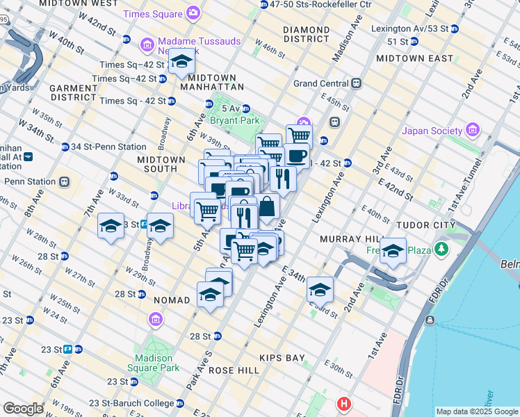 map of restaurants, bars, coffee shops, grocery stores, and more near 219 Madison Avenue in New York