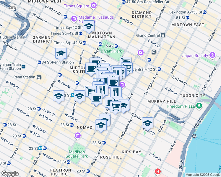 map of restaurants, bars, coffee shops, grocery stores, and more near in New York