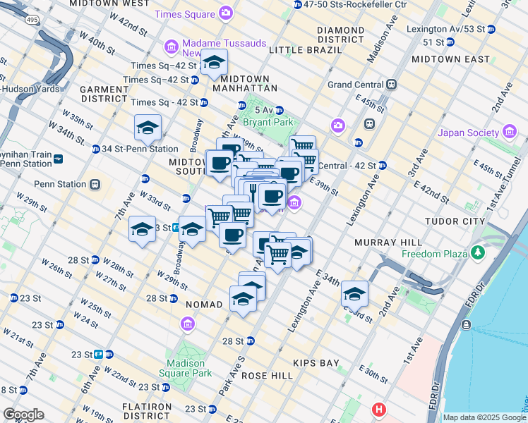 map of restaurants, bars, coffee shops, grocery stores, and more near in New York