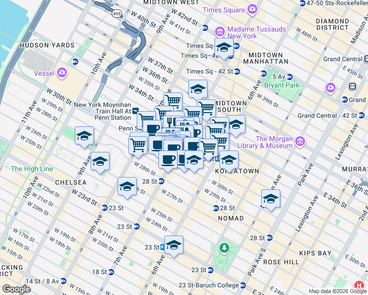 map of restaurants, bars, coffee shops, grocery stores, and more near in New York
