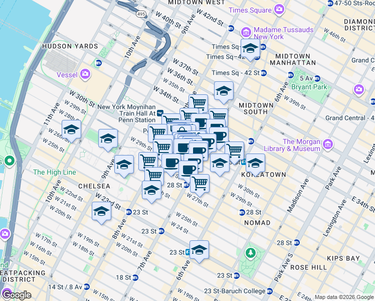 map of restaurants, bars, coffee shops, grocery stores, and more near 222w West 30th Street in New York