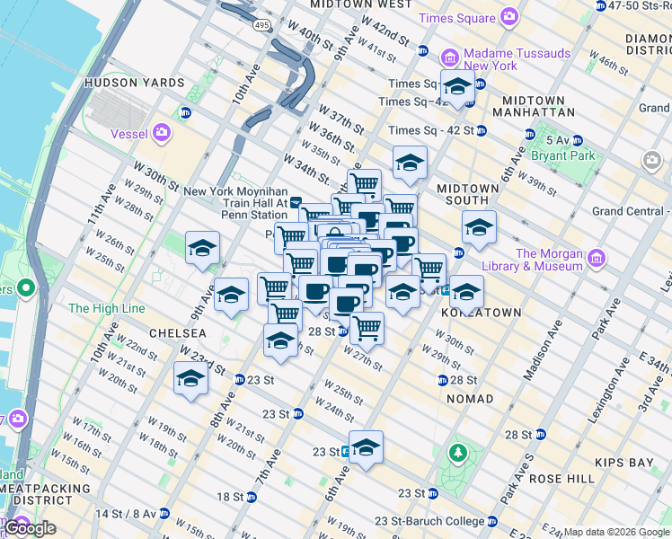 map of restaurants, bars, coffee shops, grocery stores, and more near 222w West 30th Street in New York