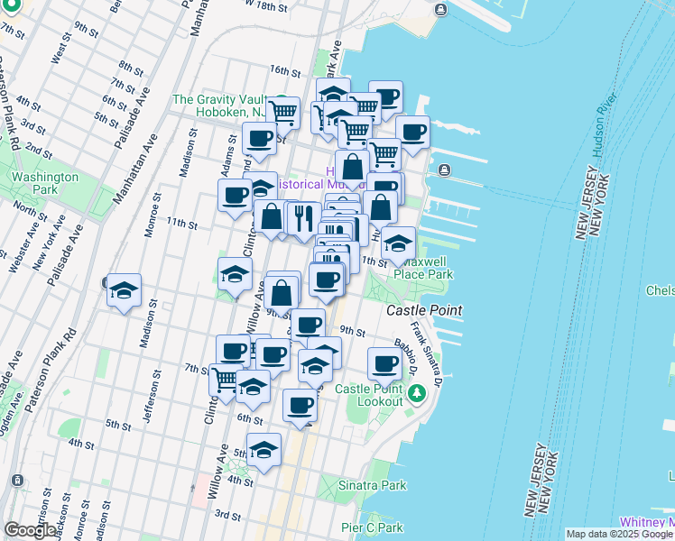 map of restaurants, bars, coffee shops, grocery stores, and more near in Hoboken