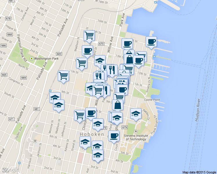 map of restaurants, bars, coffee shops, grocery stores, and more near 1000 Garden Street in Hoboken