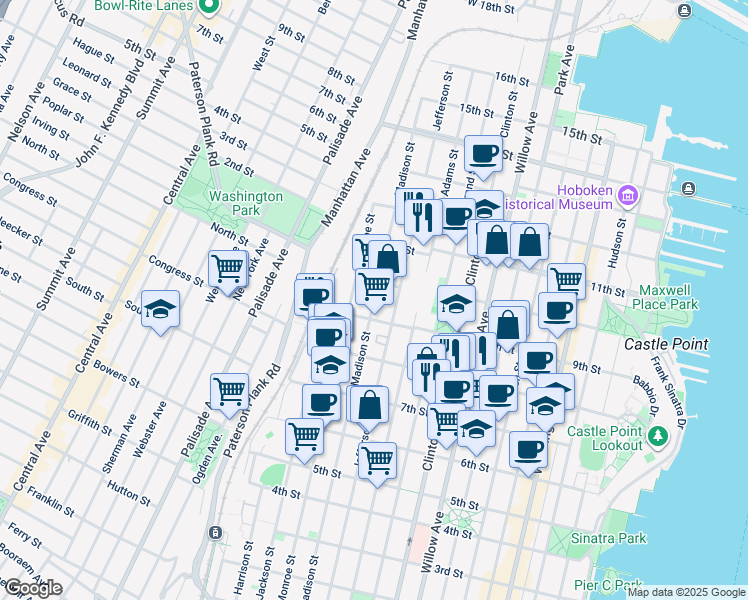 map of restaurants, bars, coffee shops, grocery stores, and more near 915 Madison Street in Hoboken