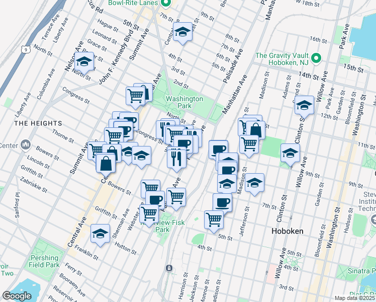 map of restaurants, bars, coffee shops, grocery stores, and more near 45 Congress Street in Jersey City