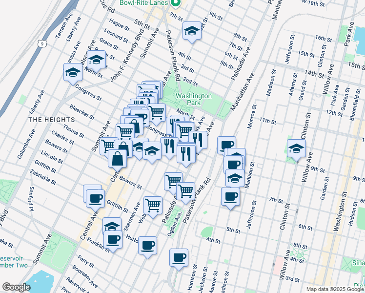 map of restaurants, bars, coffee shops, grocery stores, and more near 310 Webster Avenue in Jersey City