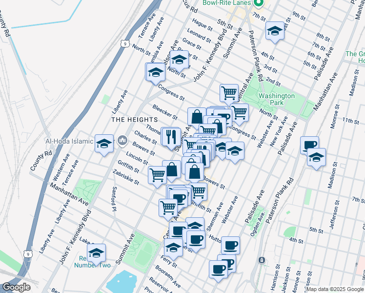 map of restaurants, bars, coffee shops, grocery stores, and more near 1009 Summit Avenue in Jersey City