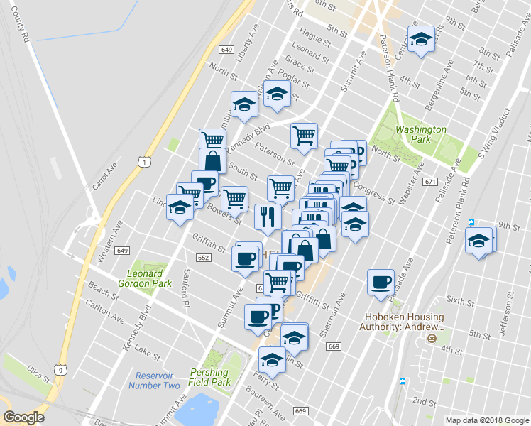 map of restaurants, bars, coffee shops, grocery stores, and more near 1009 Summit Avenue in Jersey City