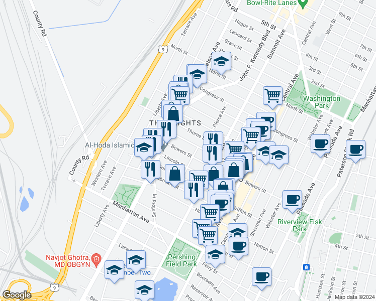 map of restaurants, bars, coffee shops, grocery stores, and more near 235 Bowers Street in Jersey City