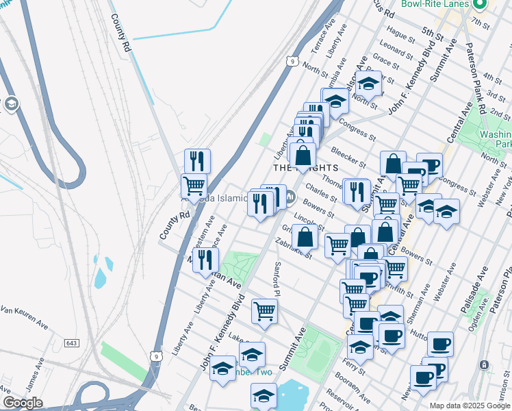 map of restaurants, bars, coffee shops, grocery stores, and more near 28 Columbia Avenue in Jersey City