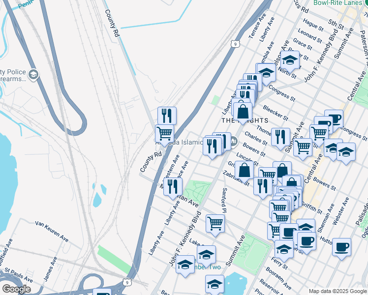 map of restaurants, bars, coffee shops, grocery stores, and more near 210 Zabriskie Street in Jersey City