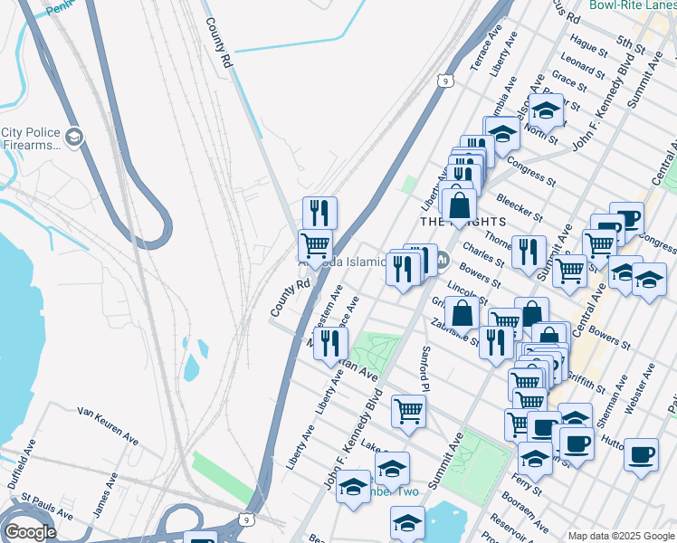 map of restaurants, bars, coffee shops, grocery stores, and more near 210 Zabriskie Street in Jersey City