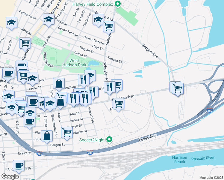 map of restaurants, bars, coffee shops, grocery stores, and more near 24 Schuyler Avenue in Kearny