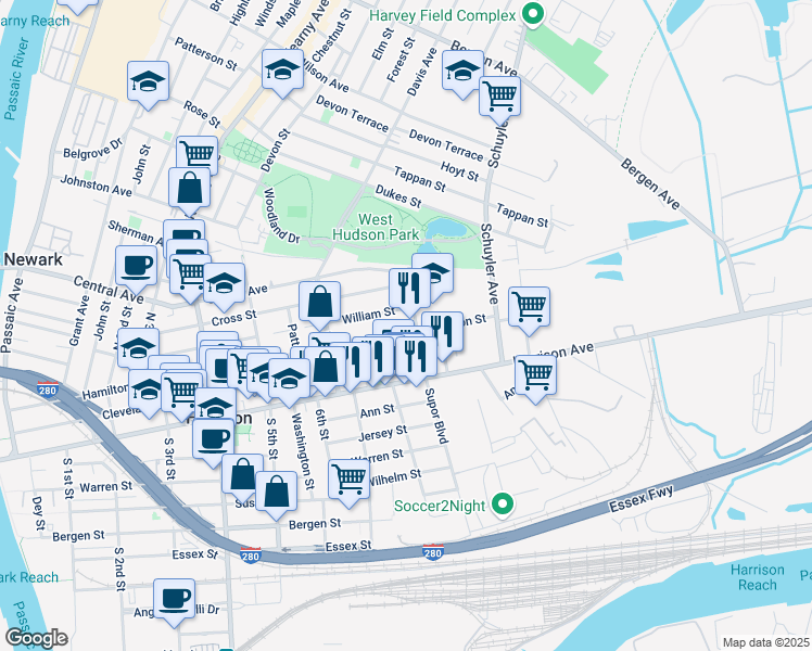 map of restaurants, bars, coffee shops, grocery stores, and more near 746 Hamilton Street in Harrison