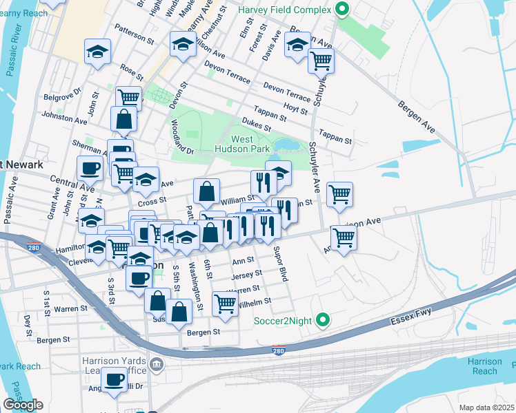 map of restaurants, bars, coffee shops, grocery stores, and more near 746 Hamilton Street in Harrison