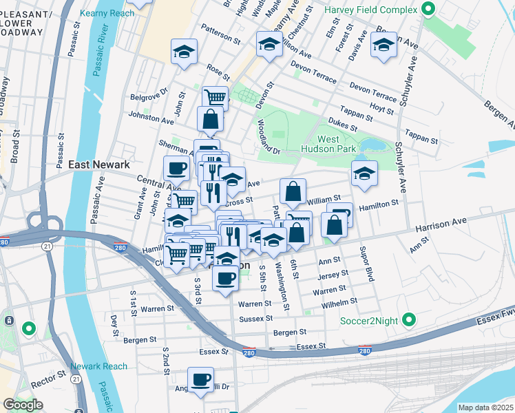 map of restaurants, bars, coffee shops, grocery stores, and more near 513 William Street in Harrison