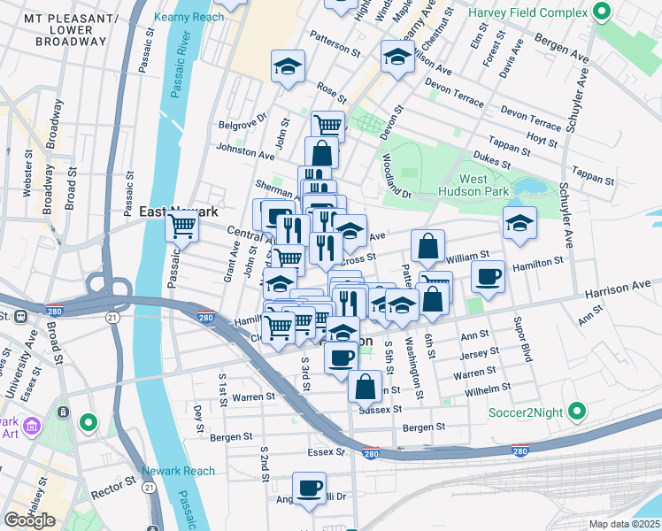 map of restaurants, bars, coffee shops, grocery stores, and more near 308 Frank E Rodgers Boulevard North in Harrison