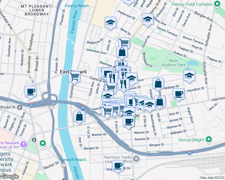 map of restaurants, bars, coffee shops, grocery stores, and more near 109 Cross Street in Harrison