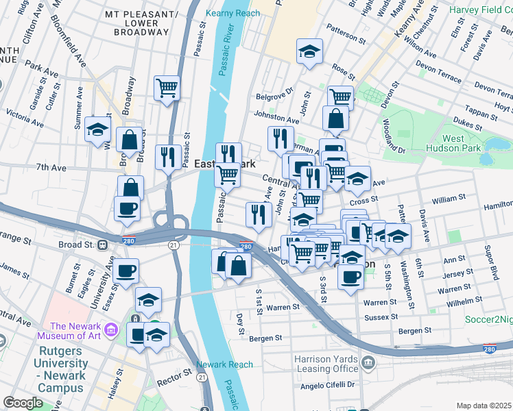 map of restaurants, bars, coffee shops, grocery stores, and more near in East Newark