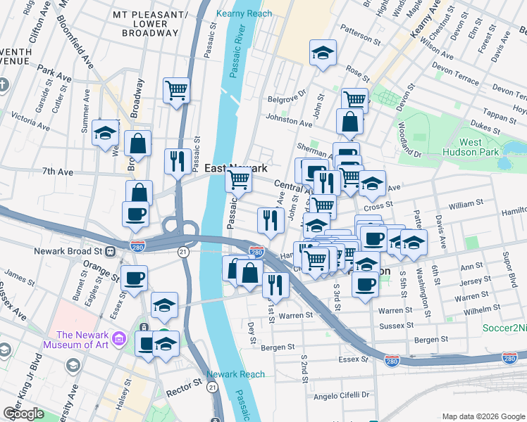 map of restaurants, bars, coffee shops, grocery stores, and more near in East Newark