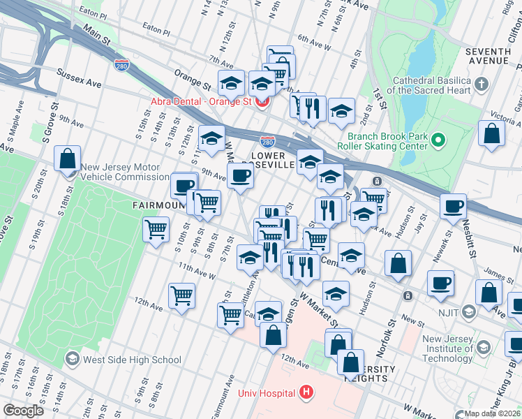 map of restaurants, bars, coffee shops, grocery stores, and more near 33 North 5th Street in Newark