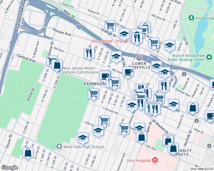 map of restaurants, bars, coffee shops, grocery stores, and more near 535 Central Avenue in Newark
