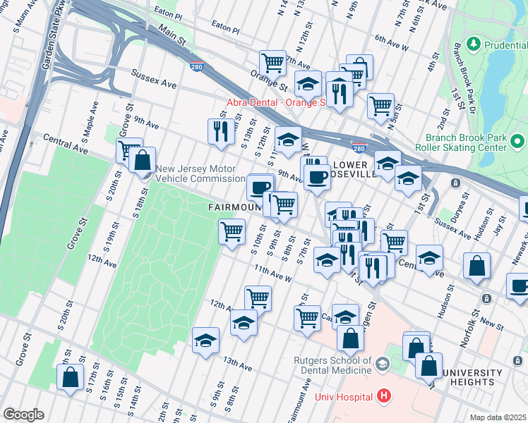 map of restaurants, bars, coffee shops, grocery stores, and more near 535 Central Avenue in Newark
