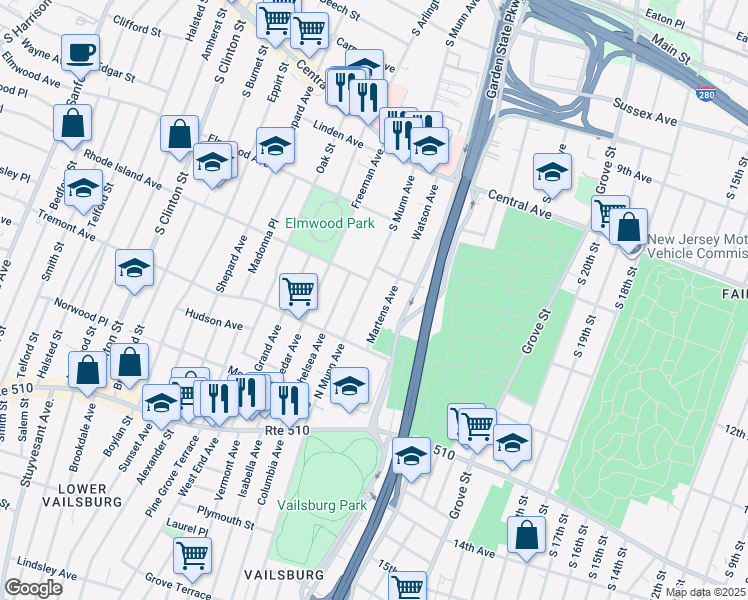 map of restaurants, bars, coffee shops, grocery stores, and more near 121 North Munn Avenue in Newark