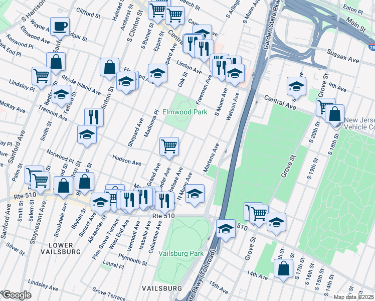map of restaurants, bars, coffee shops, grocery stores, and more near 37 Chelsea Avenue in East Orange