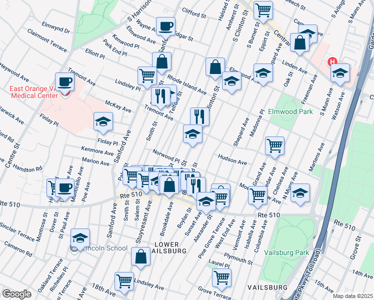 map of restaurants, bars, coffee shops, grocery stores, and more near 507 South Clinton Street in East Orange