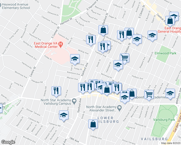 map of restaurants, bars, coffee shops, grocery stores, and more near 74 Bedford Street in Newark