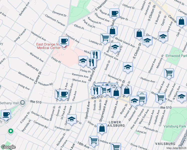 map of restaurants, bars, coffee shops, grocery stores, and more near 74 Bedford Street in Newark