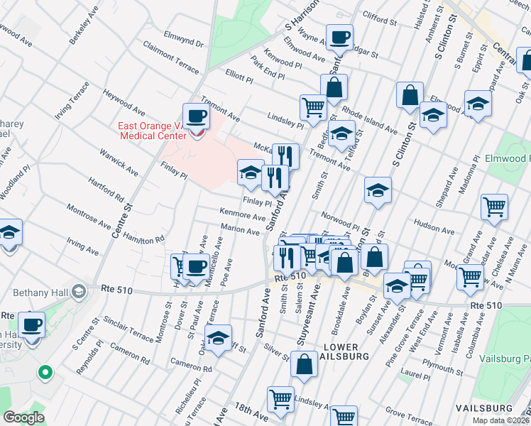 map of restaurants, bars, coffee shops, grocery stores, and more near 379 Sanford Avenue in Newark